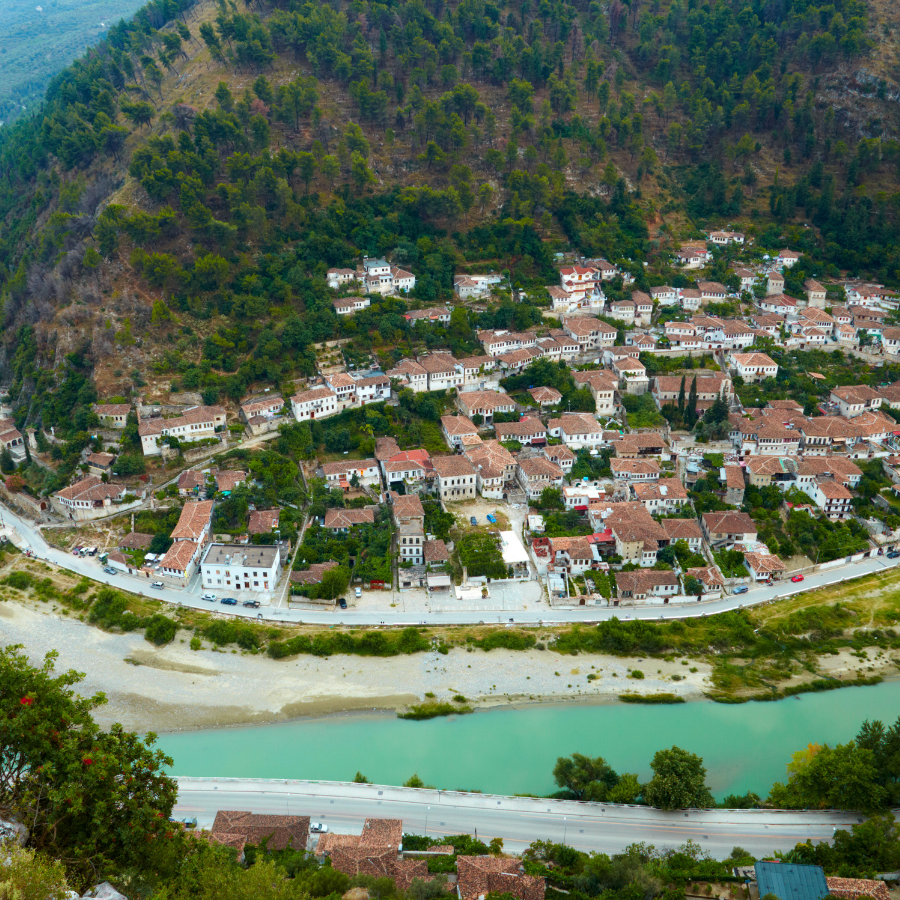 Aerial drone view of Berat showing the city from above